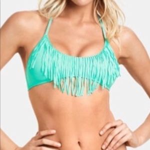 Victoria's Secret Green Mint Frost Scoop Neck Fringe Swim Padded Top NWOT S